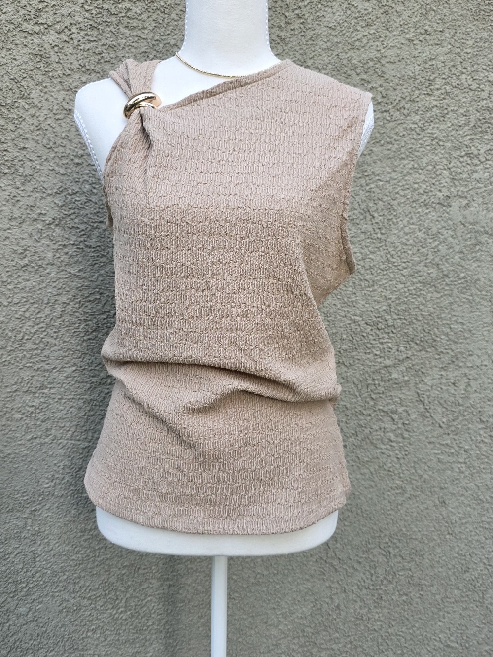 Fred David Beige Off-Shoulder Knit Top with Gold Ring Detail